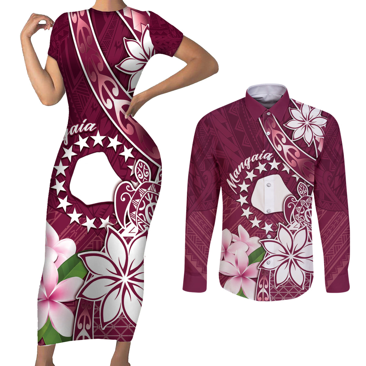 Personalised Cook Island Mangaia Gospel Day Couples Matching Short Sleeve Bodycon Dress and Long Sleeve Button Shirt Floral Tribal Pattern LT05 Maroon - Polynesian Pride