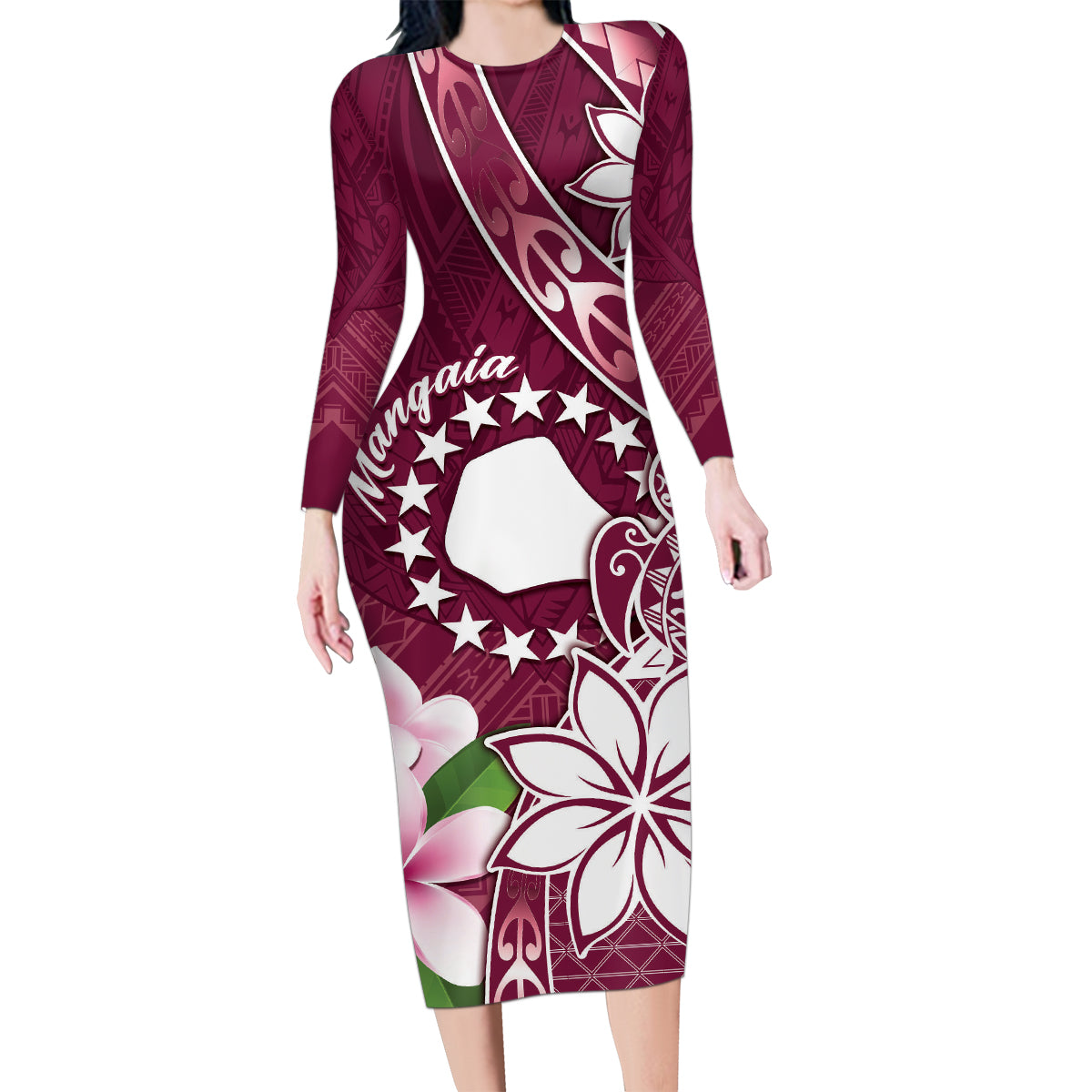 Personalised Cook Island Mangaia Gospel Day Family Matching Long Sleeve Bodycon Dress and Hawaiian Shirt Floral Tribal Pattern LT05 Mom's Dress Maroon - Polynesian Pride