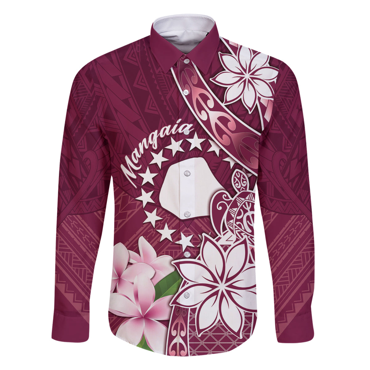 Personalised Cook Island Mangaia Gospel Day Family Matching Mermaid Dress and Hawaiian Shirt Floral Tribal Pattern LT05 Dad's Shirt - Long Sleeve Maroon - Polynesian Pride