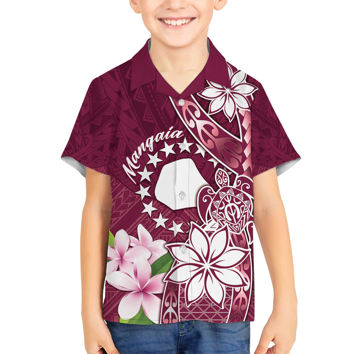 Personalised Cook Island Mangaia Gospel Day Family Matching Off The Shoulder Long Sleeve Dress and Hawaiian Shirt Floral Tribal Pattern LT05 Son's Shirt Maroon - Polynesian Pride