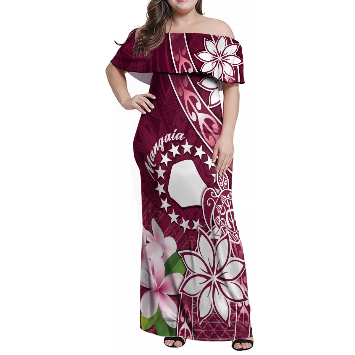 Personalised Cook Island Mangaia Gospel Day Family Matching Off Shoulder Maxi Dress and Hawaiian Shirt Floral Tribal Pattern LT05 Mom's Dress Maroon - Polynesian Pride