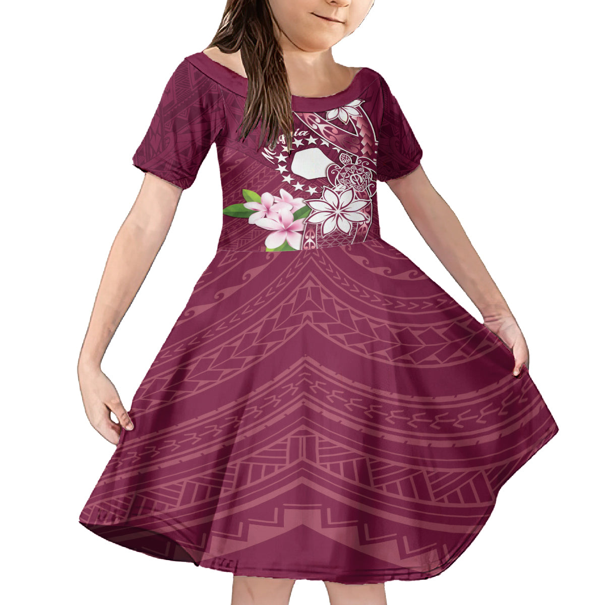Personalised Cook Island Mangaia Gospel Day Family Matching Off Shoulder Short Dress and Hawaiian Shirt Floral Tribal Pattern LT05 Daughter's Dress Maroon - Polynesian Pride