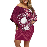 Personalised Cook Island Mangaia Gospel Day Family Matching Off Shoulder Short Dress and Hawaiian Shirt Floral Tribal Pattern LT05 Mom's Dress Maroon - Polynesian Pride