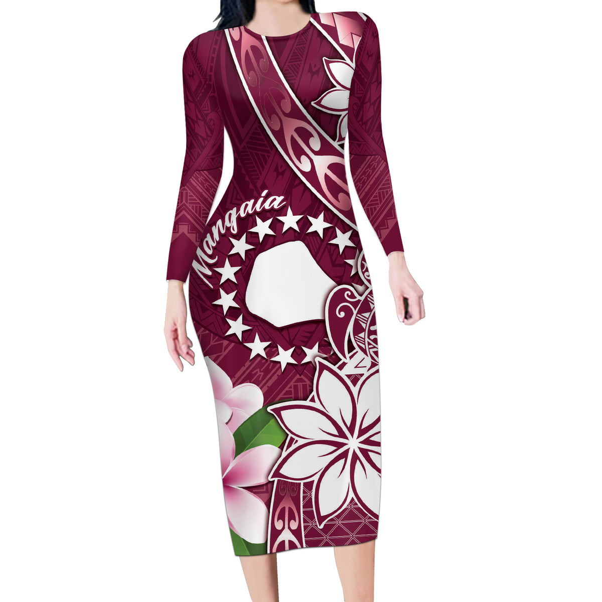 Personalised Cook Island Mangaia Gospel Day Long Sleeve Bodycon Dress Floral Tribal Pattern LT05 Long Dress Maroon - Polynesian Pride