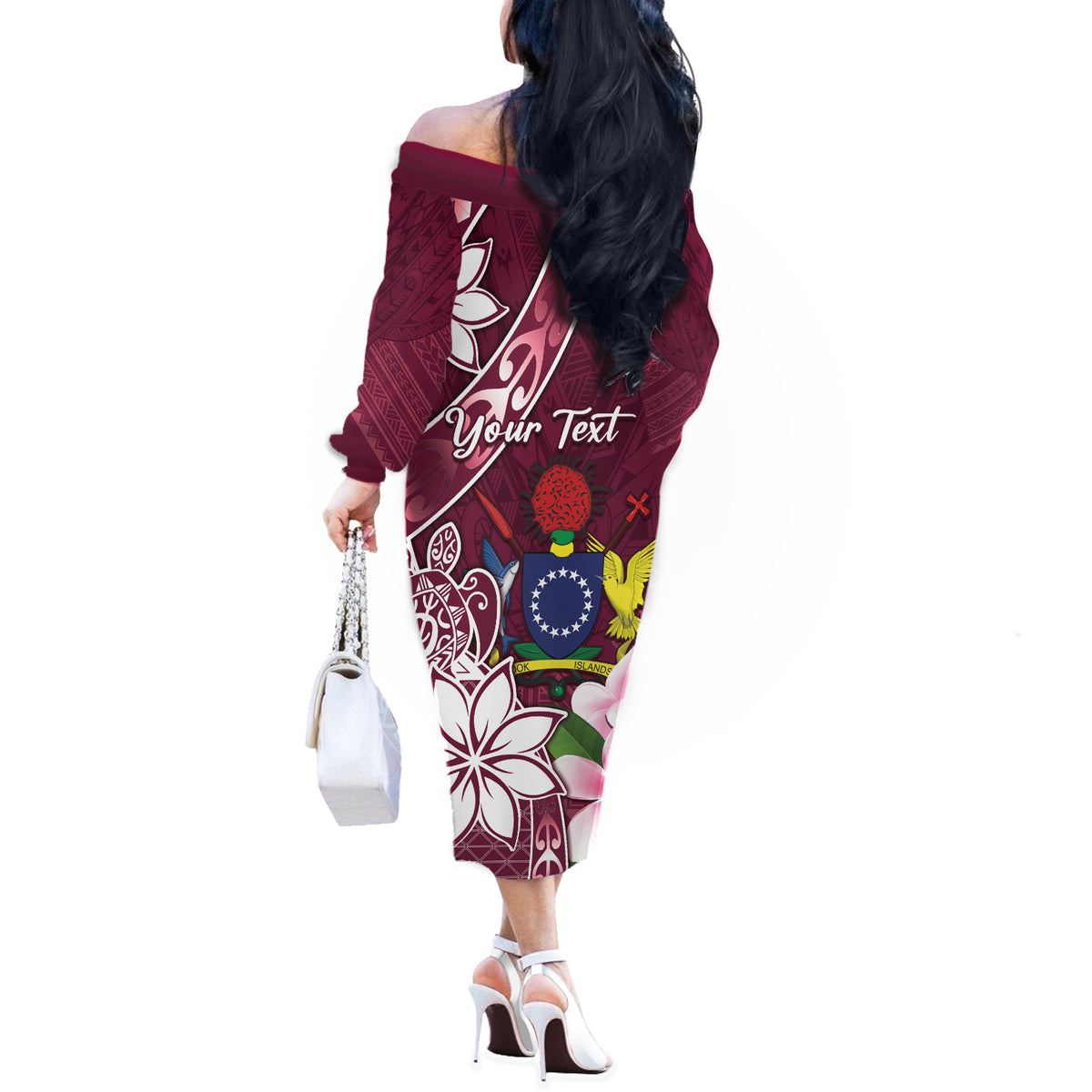 Personalised Cook Island Mangaia Gospel Day Off The Shoulder Long Sleeve Dress Floral Tribal Pattern LT05 - Polynesian Pride