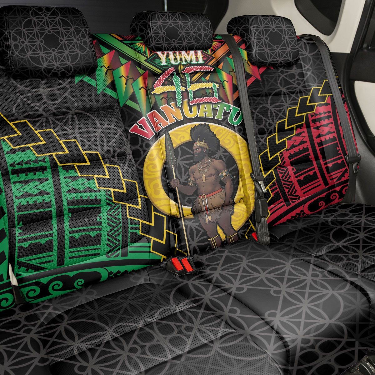Vanuatu 46th Anniversary Independence Day Back Car Seat Cover Melanesian Warrior With Sand Drawing Pattern LT05 - Polynesian Pride