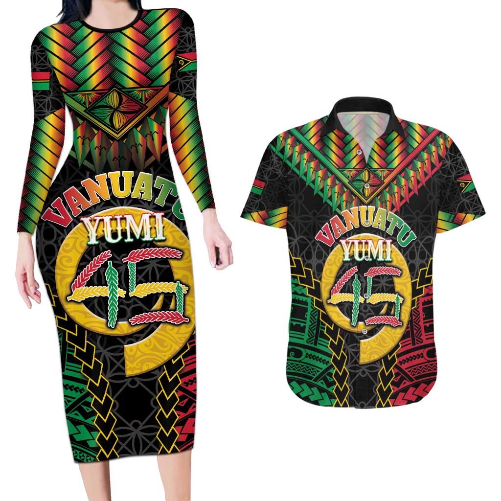 Vanuatu 45th Anniversary Independence Day Couples Matching Long Sleeve Bodycon Dress and Hawaiian Shirt Melanesian Warrior With Sand Drawing Pattern LT05 Black - Polynesian Pride