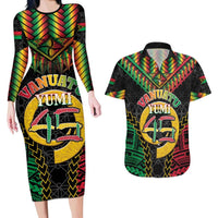 Vanuatu 45th Anniversary Independence Day Couples Matching Long Sleeve Bodycon Dress and Hawaiian Shirt Melanesian Warrior With Sand Drawing Pattern LT05 Black - Polynesian Pride