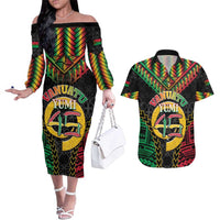 Vanuatu 45th Anniversary Independence Day Couples Matching Off The Shoulder Long Sleeve Dress and Hawaiian Shirt Melanesian Warrior With Sand Drawing Pattern LT05 Black - Polynesian Pride