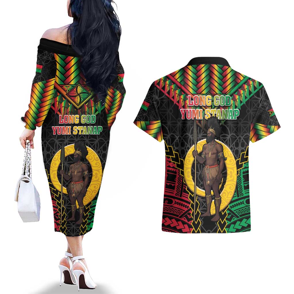 Vanuatu 45th Anniversary Independence Day Couples Matching Off The Shoulder Long Sleeve Dress and Hawaiian Shirt Melanesian Warrior With Sand Drawing Pattern LT05 - Polynesian Pride