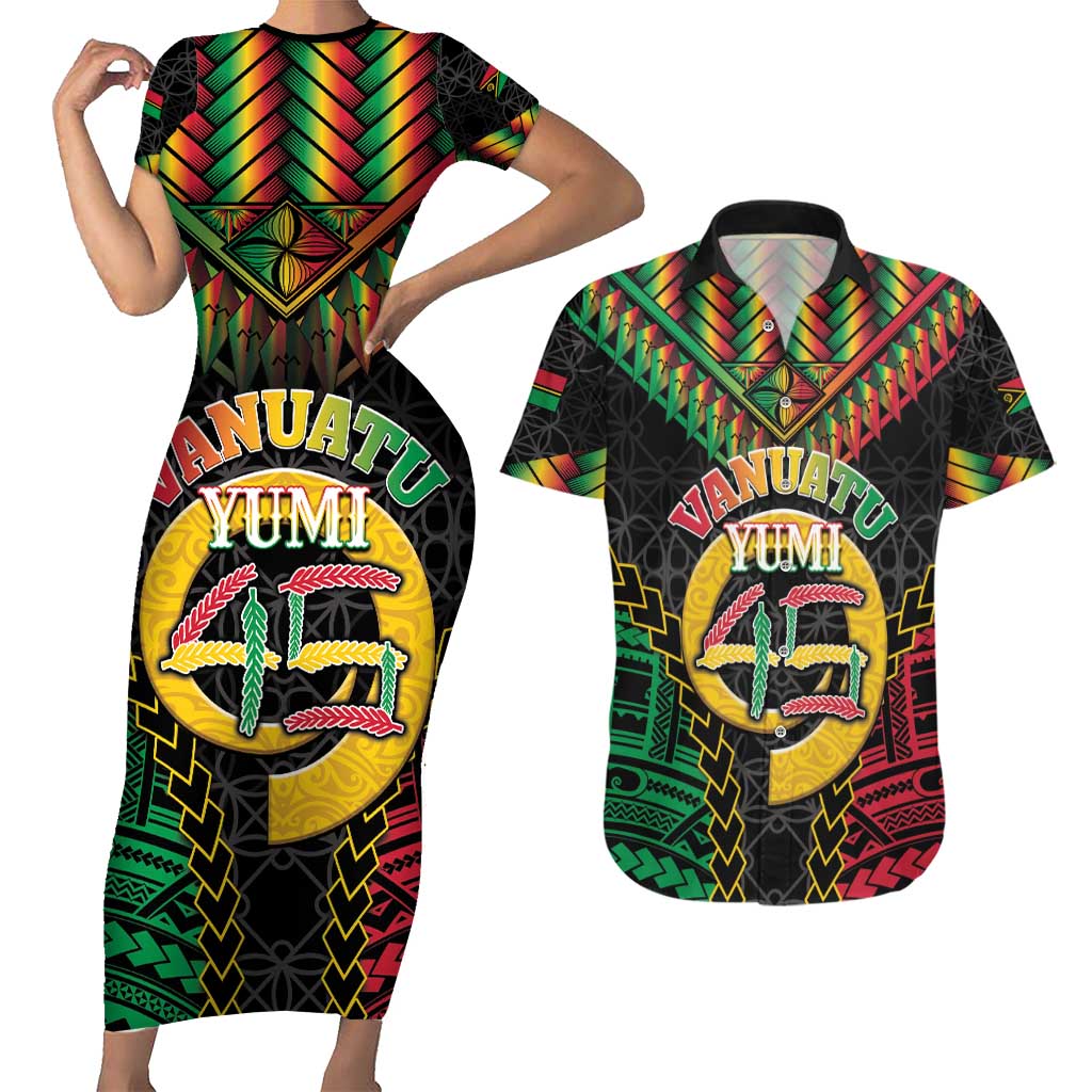 Vanuatu 45th Anniversary Independence Day Couples Matching Short Sleeve Bodycon Dress and Hawaiian Shirt Melanesian Warrior With Sand Drawing Pattern LT05 Black - Polynesian Pride