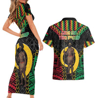 Vanuatu 45th Anniversary Independence Day Couples Matching Short Sleeve Bodycon Dress and Hawaiian Shirt Melanesian Warrior With Sand Drawing Pattern LT05 - Polynesian Pride