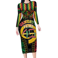 Vanuatu 45th Anniversary Independence Day Family Matching Long Sleeve Bodycon Dress and Hawaiian Shirt Melanesian Warrior With Sand Drawing Pattern LT05 Mom's Dress Black - Polynesian Pride