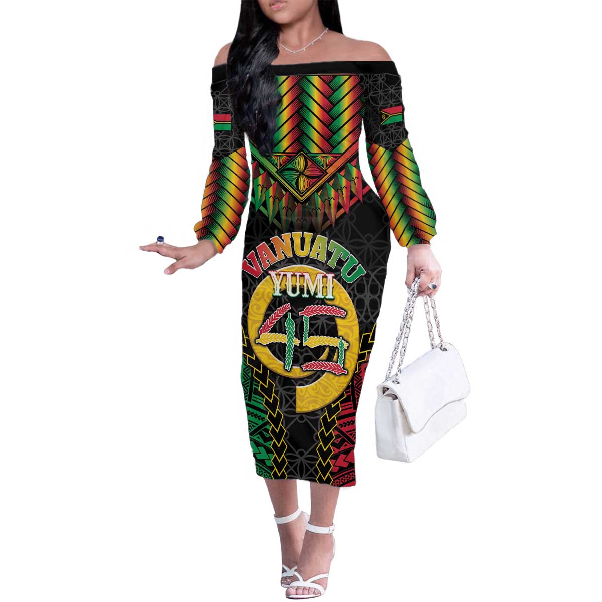 Vanuatu 45th Anniversary Independence Day Family Matching Off The Shoulder Long Sleeve Dress and Hawaiian Shirt Melanesian Warrior With Sand Drawing Pattern LT05 Mom's Dress Black - Polynesian Pride