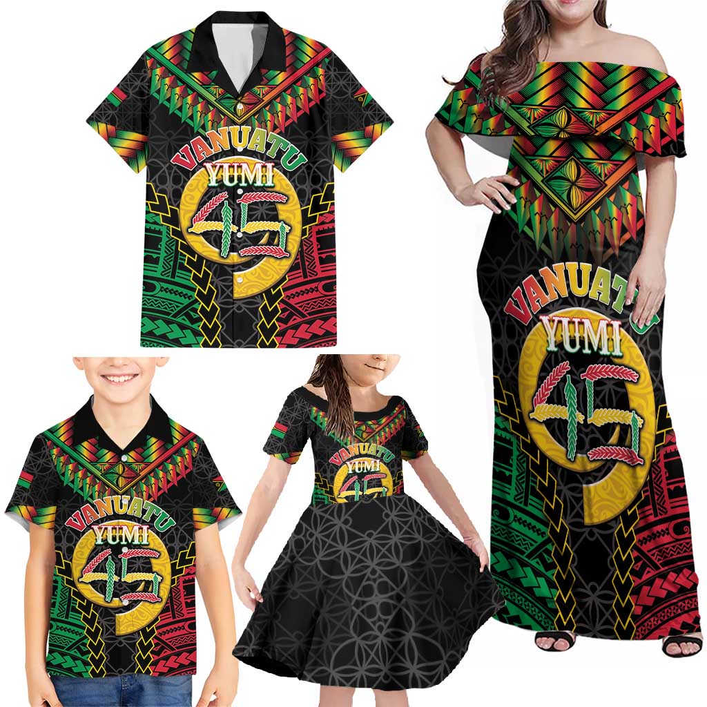 Vanuatu 45th Anniversary Independence Day Family Matching Off Shoulder Maxi Dress and Hawaiian Shirt Melanesian Warrior With Sand Drawing Pattern LT05 - Polynesian Pride