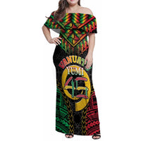 Vanuatu 45th Anniversary Independence Day Family Matching Off Shoulder Maxi Dress and Hawaiian Shirt Melanesian Warrior With Sand Drawing Pattern LT05 Mom's Dress Black - Polynesian Pride