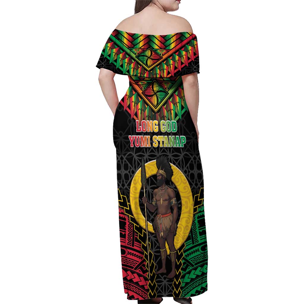 Vanuatu 45th Anniversary Independence Day Family Matching Off Shoulder Maxi Dress and Hawaiian Shirt Melanesian Warrior With Sand Drawing Pattern LT05 - Polynesian Pride