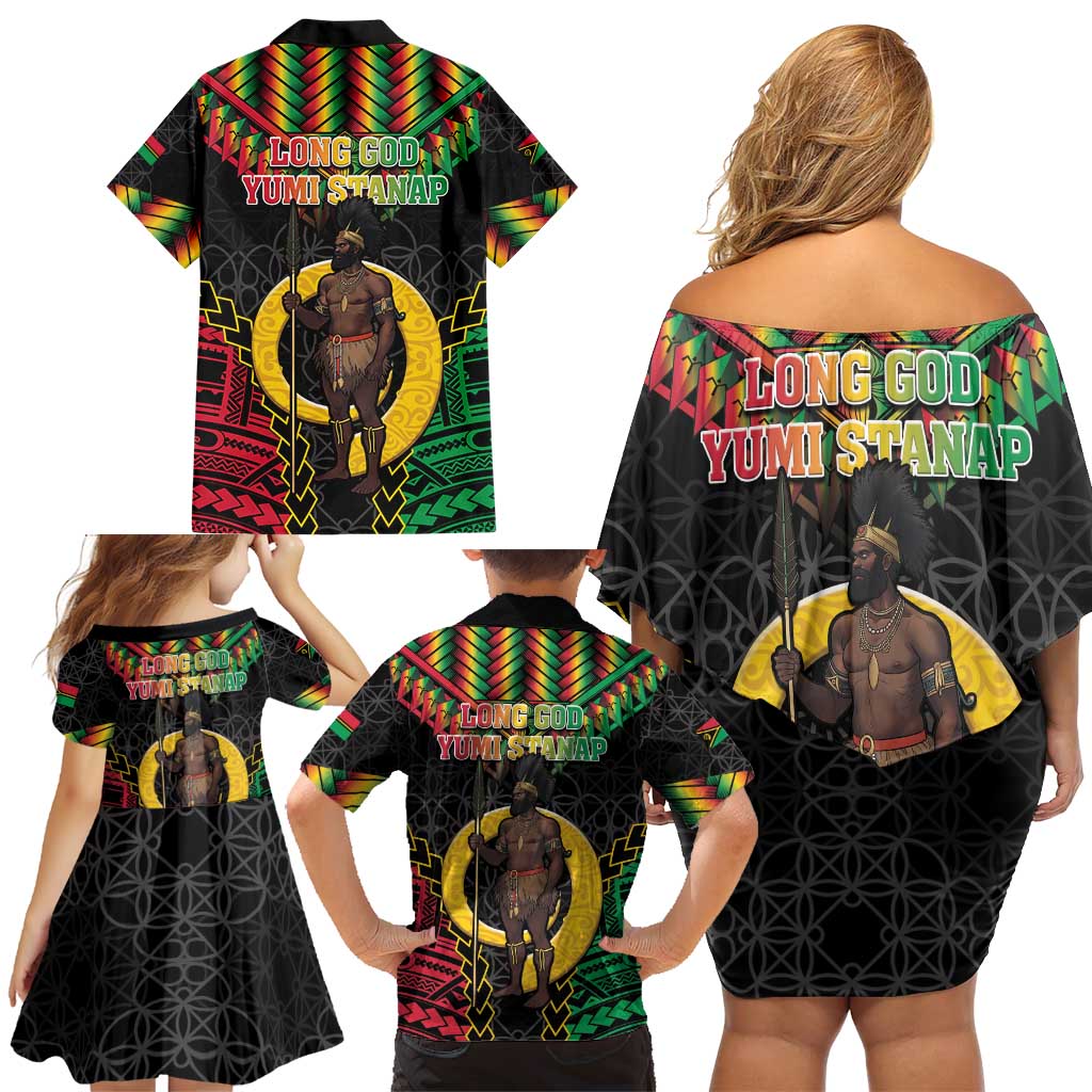 Vanuatu 45th Anniversary Independence Day Family Matching Off Shoulder Short Dress and Hawaiian Shirt Melanesian Warrior With Sand Drawing Pattern LT05 - Polynesian Pride
