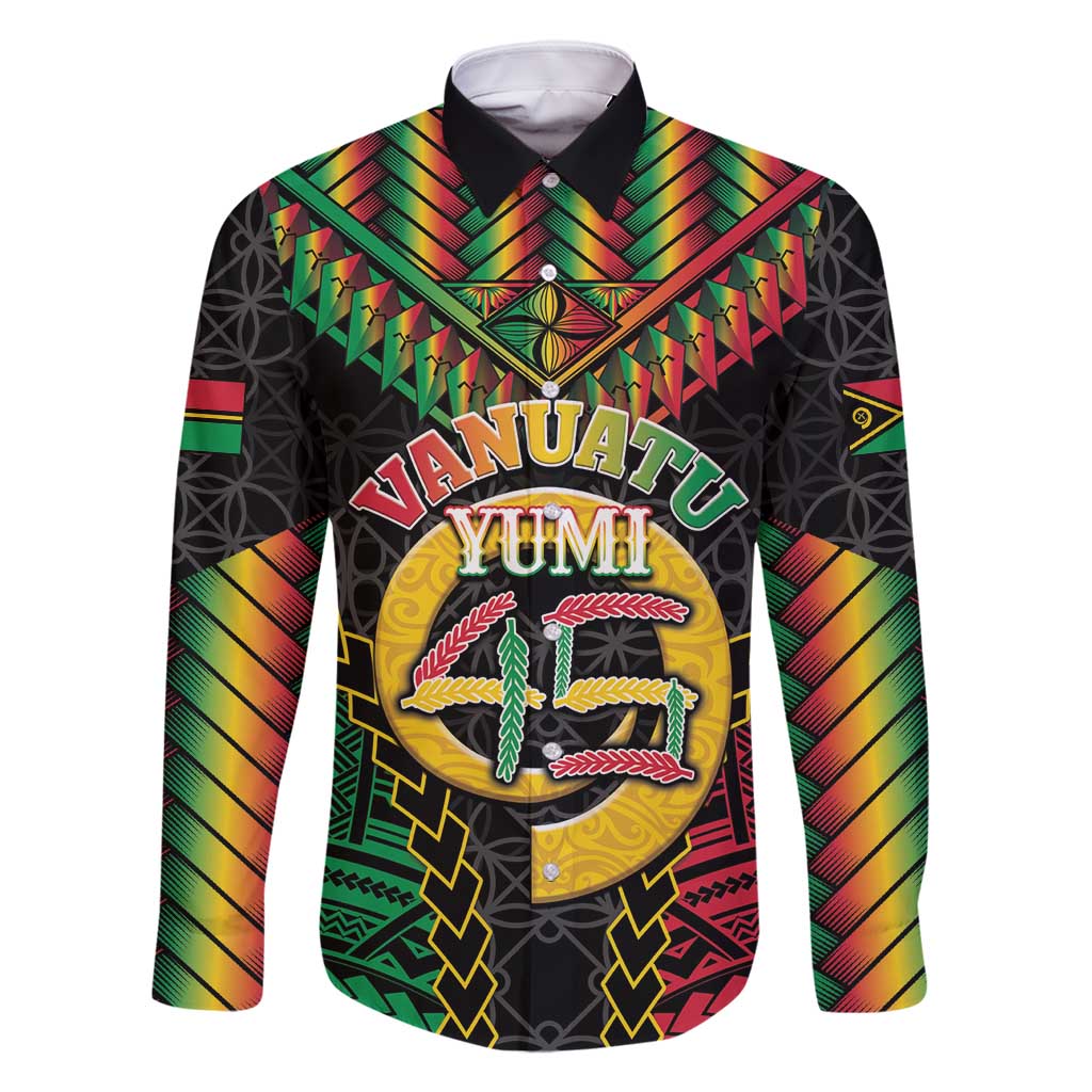 Vanuatu 45th Anniversary Independence Day Family Matching Off Shoulder Short Dress and Hawaiian Shirt Melanesian Warrior With Sand Drawing Pattern LT05 Dad's Shirt - Long Sleeve Black - Polynesian Pride