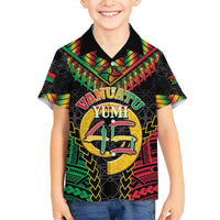 Vanuatu 45th Anniversary Independence Day Family Matching Off Shoulder Short Dress and Hawaiian Shirt Melanesian Warrior With Sand Drawing Pattern LT05 Son's Shirt Black - Polynesian Pride