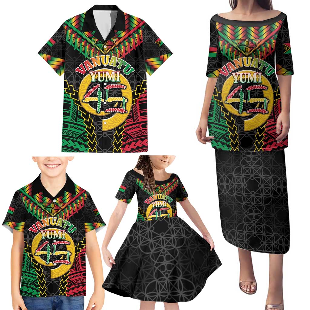 Vanuatu 45th Anniversary Independence Day Family Matching Puletasi and Hawaiian Shirt Melanesian Warrior With Sand Drawing Pattern LT05 - Polynesian Pride