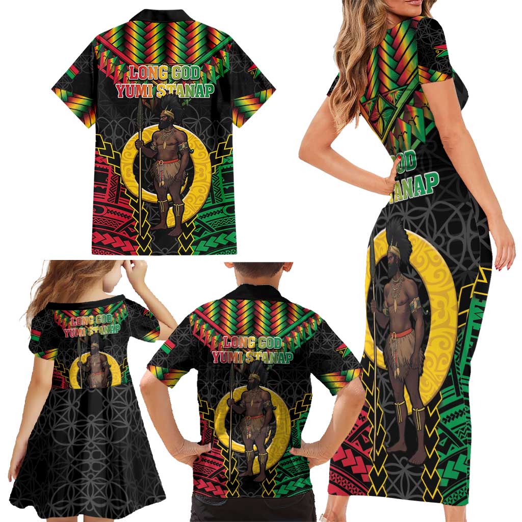 Vanuatu 45th Anniversary Independence Day Family Matching Short Sleeve Bodycon Dress and Hawaiian Shirt Melanesian Warrior With Sand Drawing Pattern LT05 - Polynesian Pride