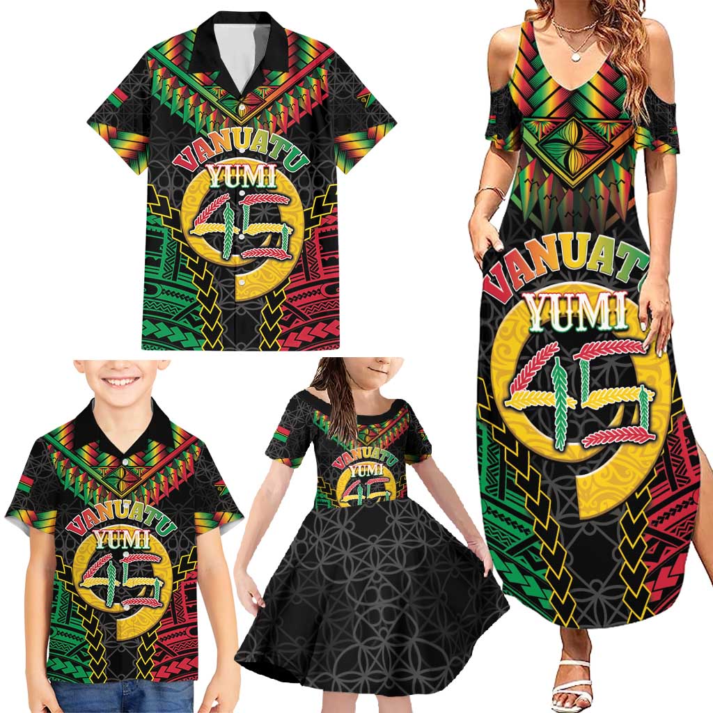 Vanuatu 45th Anniversary Independence Day Family Matching Summer Maxi Dress and Hawaiian Shirt Melanesian Warrior With Sand Drawing Pattern LT05 - Polynesian Pride
