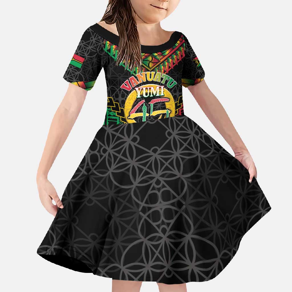 Vanuatu 45th Anniversary Independence Day Family Matching Tank Maxi Dress and Hawaiian Shirt Melanesian Warrior With Sand Drawing Pattern LT05 Daughter's Dress Black - Polynesian Pride