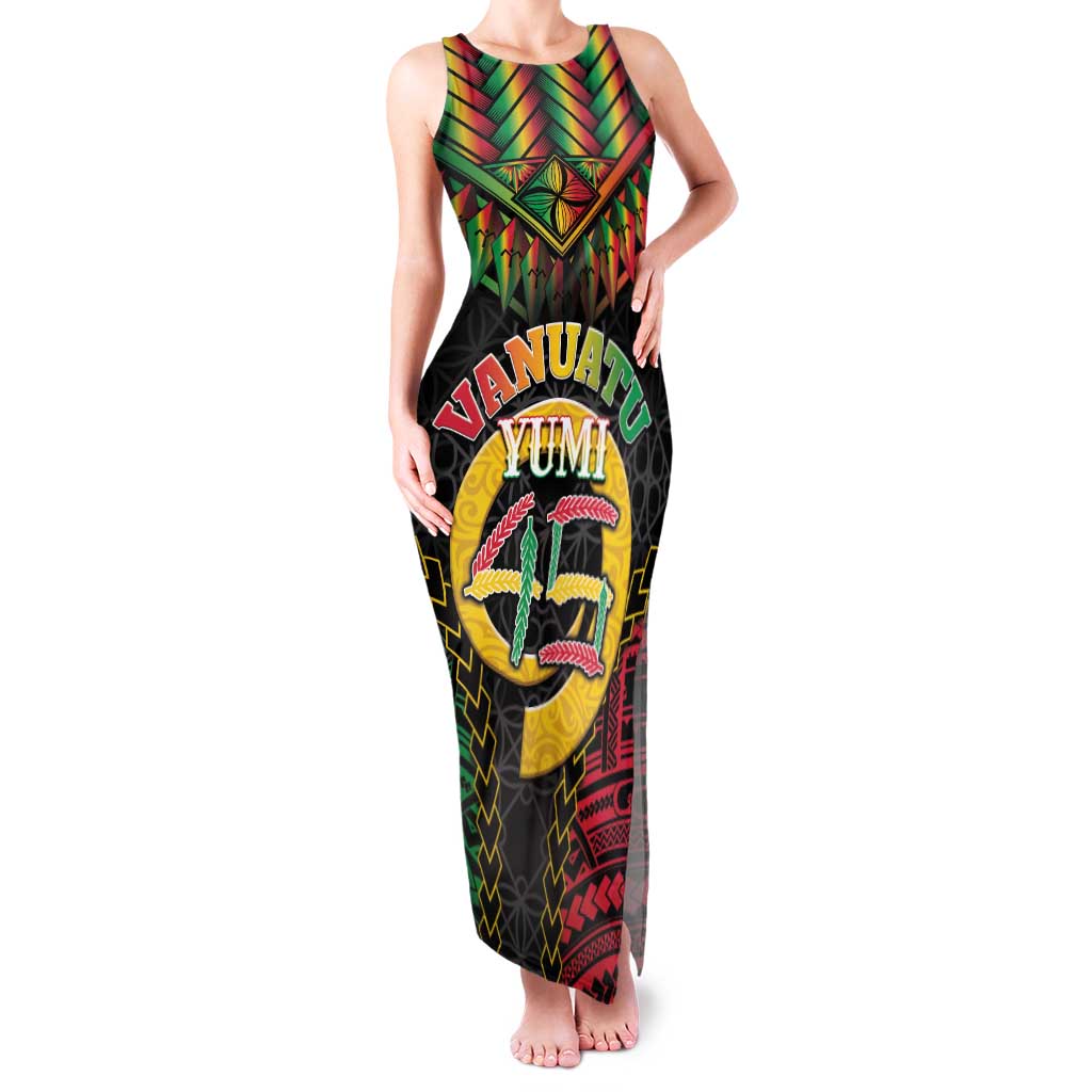 Vanuatu 45th Anniversary Independence Day Family Matching Tank Maxi Dress and Hawaiian Shirt Melanesian Warrior With Sand Drawing Pattern LT05 Mom's Dress Black - Polynesian Pride