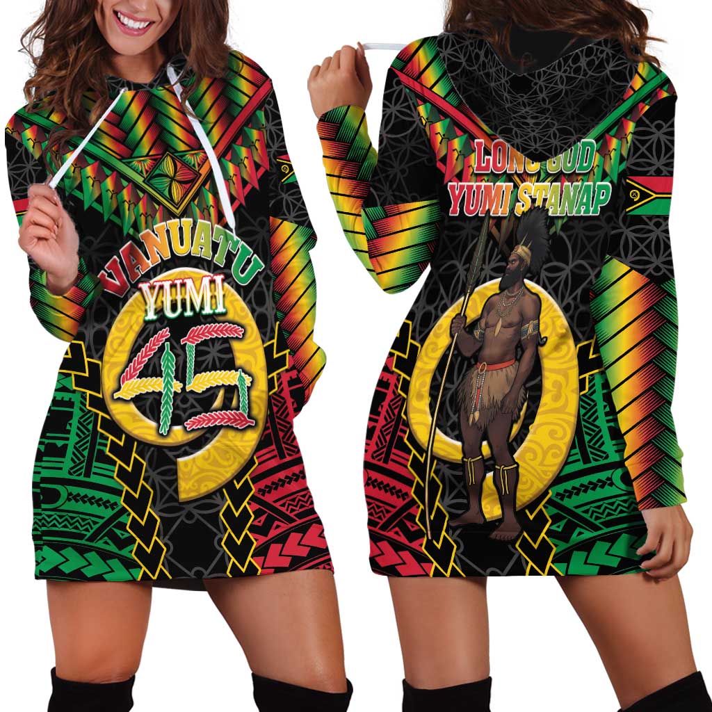 Vanuatu 45th Anniversary Independence Day Hoodie Dress Melanesian Warrior With Sand Drawing Pattern LT05