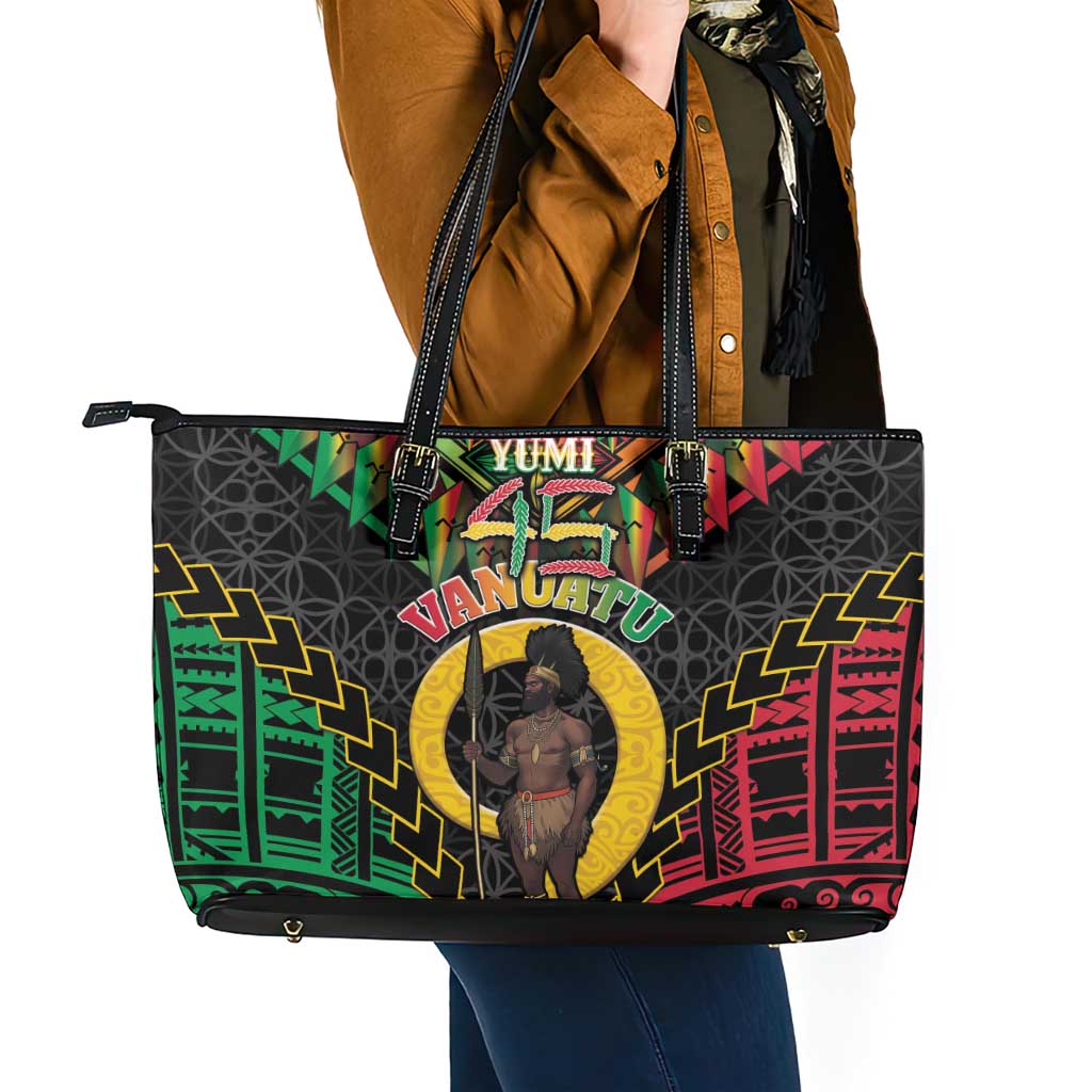 Vanuatu 45th Anniversary Independence Day Leather Tote Bag Melanesian Warrior With Sand Drawing Pattern LT05