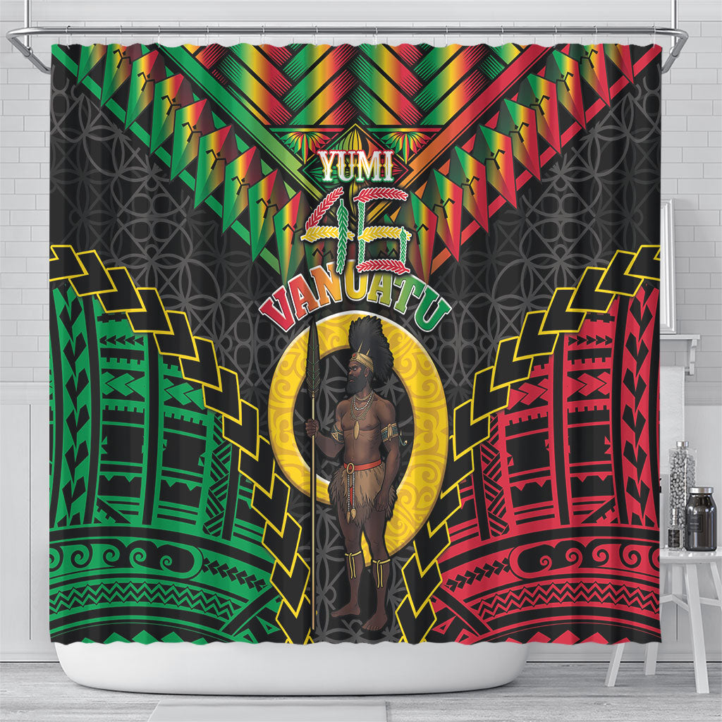Vanuatu 46th Anniversary Independence Day Shower Curtain Melanesian Warrior With Sand Drawing Pattern LT05 - Polynesian Pride