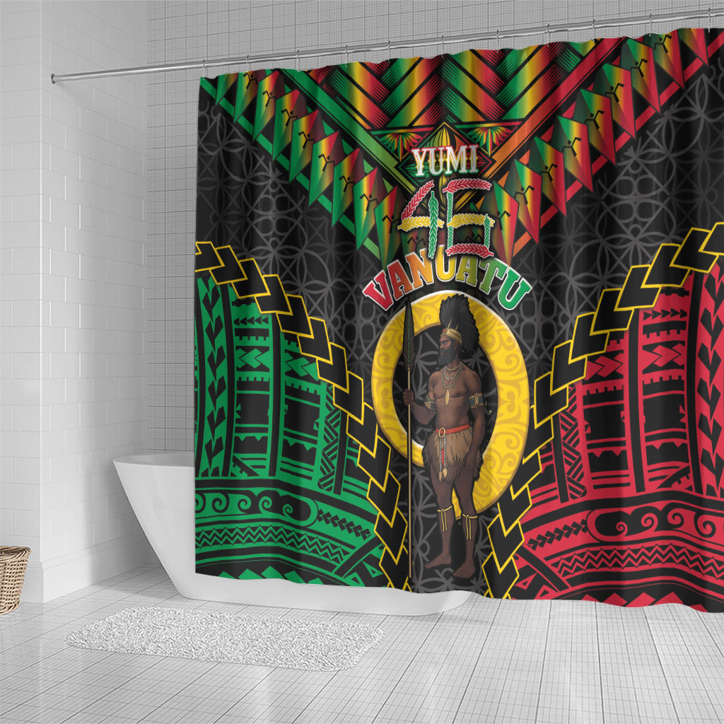 Vanuatu 46th Anniversary Independence Day Shower Curtain Melanesian Warrior With Sand Drawing Pattern LT05 - Polynesian Pride
