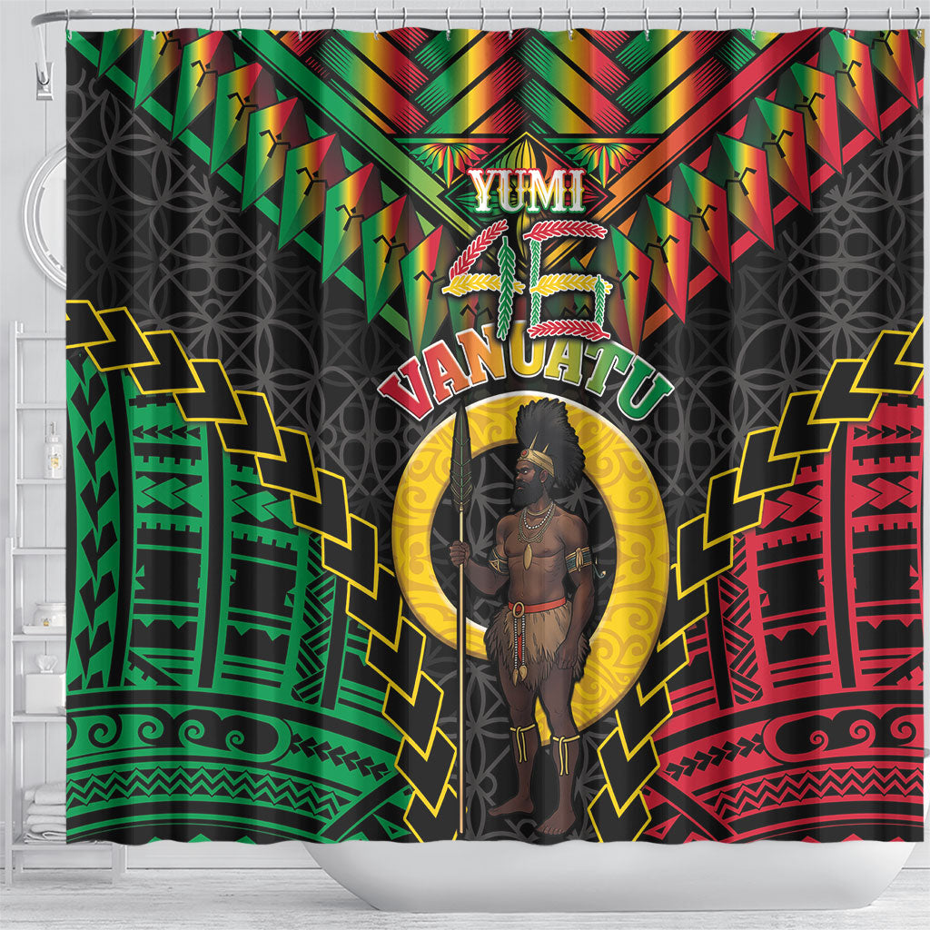 Vanuatu 46th Anniversary Independence Day Shower Curtain Melanesian Warrior With Sand Drawing Pattern LT05 - Polynesian Pride