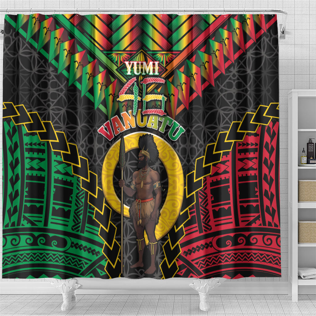 Vanuatu 46th Anniversary Independence Day Shower Curtain Melanesian Warrior With Sand Drawing Pattern LT05 - Polynesian Pride