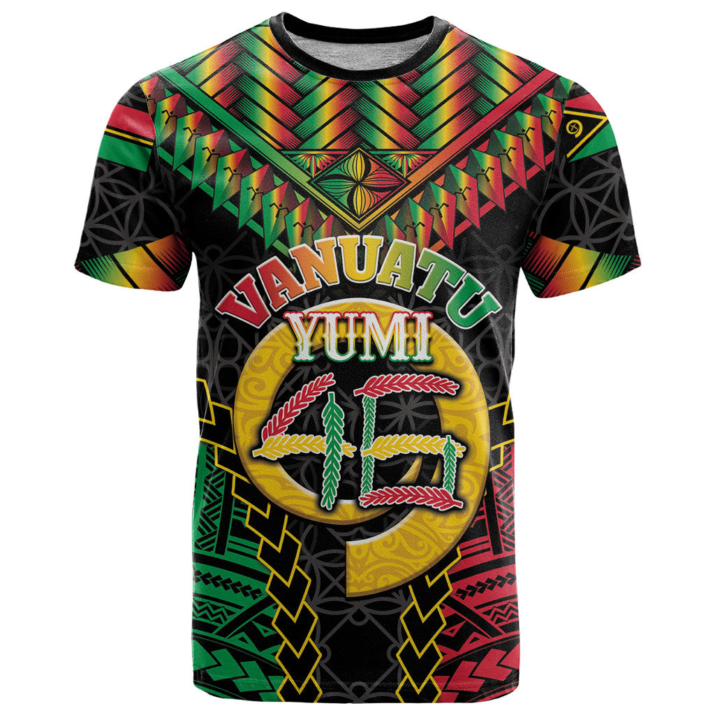 Vanuatu 46th Anniversary Independence Day T Shirt Melanesian Warrior With Sand Drawing Pattern LT05 Black - Polynesian Pride