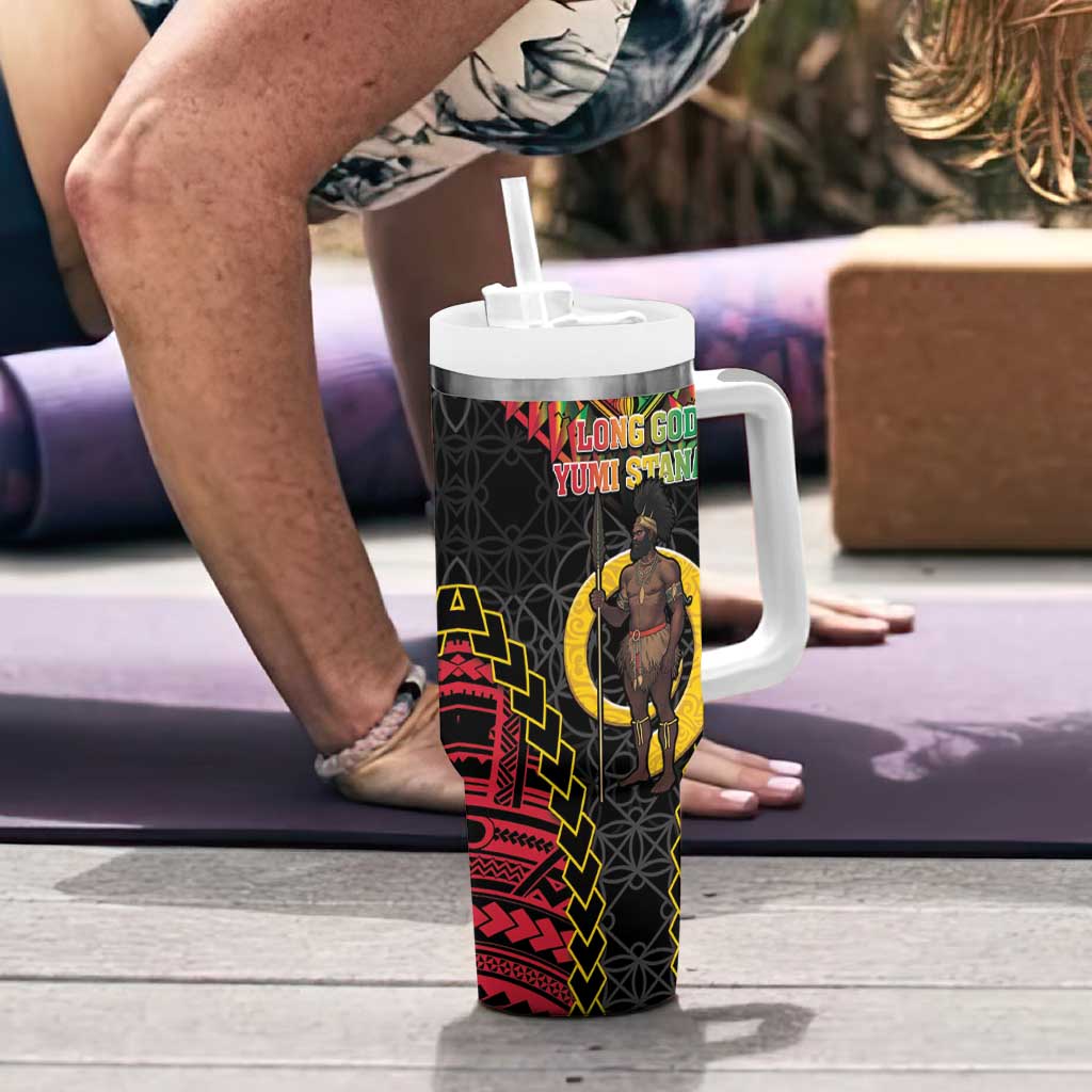 Vanuatu 45th Anniversary Independence Day Tumbler With Handle Melanesian Warrior With Sand Drawing Pattern LT05