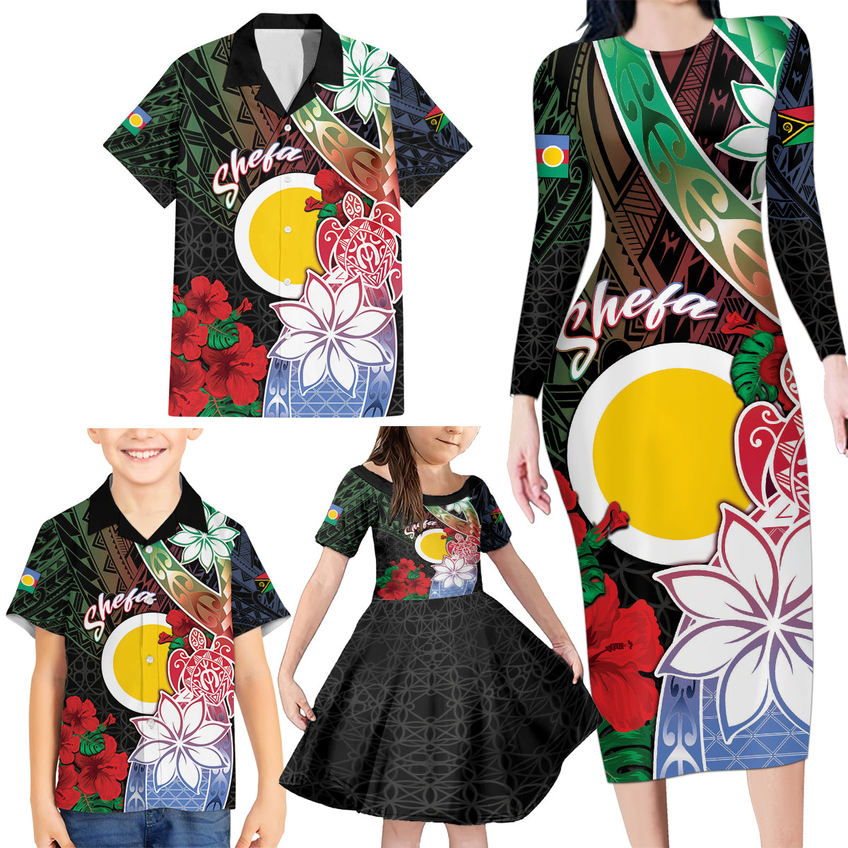 Personalised Vanuatu Shefa Day Family Matching Long Sleeve Bodycon Dress and Hawaiian Shirt Floral Pattern LT05 - Polynesian Pride