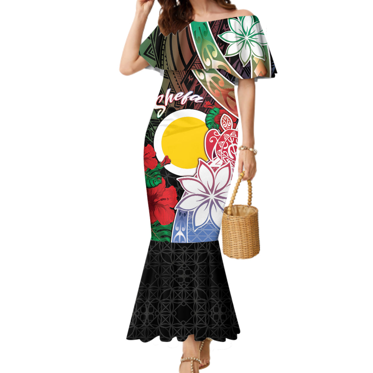 Personalised Vanuatu Shefa Day Family Matching Mermaid Dress and Hawaiian Shirt Floral Pattern LT05 Mom's Dress Black - Polynesian Pride
