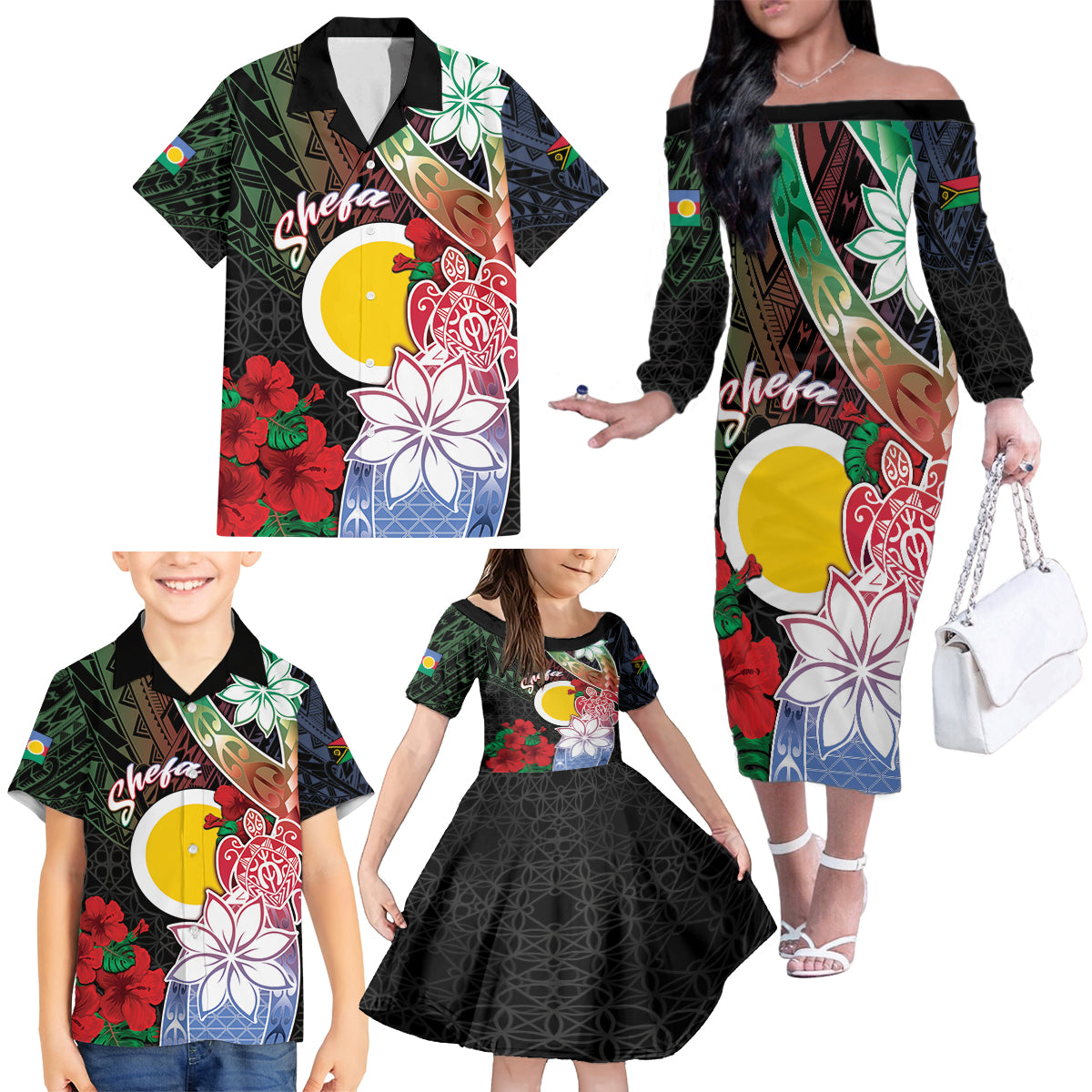 Personalised Vanuatu Shefa Day Family Matching Off The Shoulder Long Sleeve Dress and Hawaiian Shirt Floral Pattern LT05 - Polynesian Pride