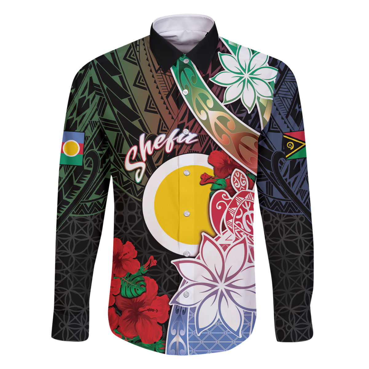 Personalised Vanuatu Shefa Day Family Matching Off The Shoulder Long Sleeve Dress and Hawaiian Shirt Floral Pattern LT05 Dad's Shirt - Long Sleeve Black - Polynesian Pride