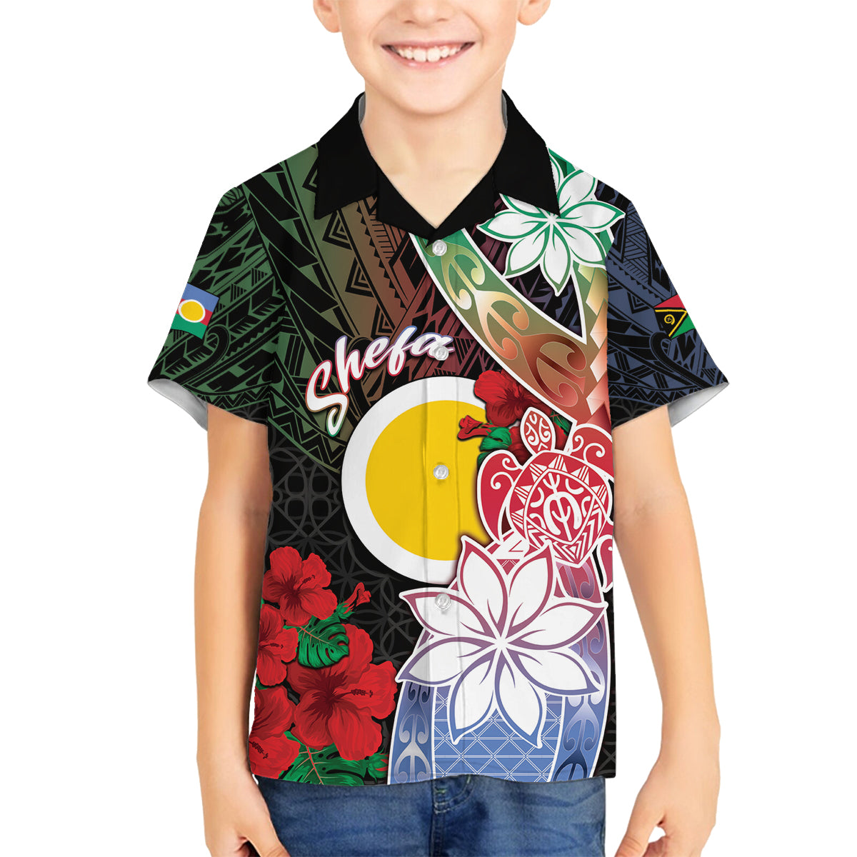 Personalised Vanuatu Shefa Day Family Matching Off The Shoulder Long Sleeve Dress and Hawaiian Shirt Floral Pattern LT05 Son's Shirt Black - Polynesian Pride