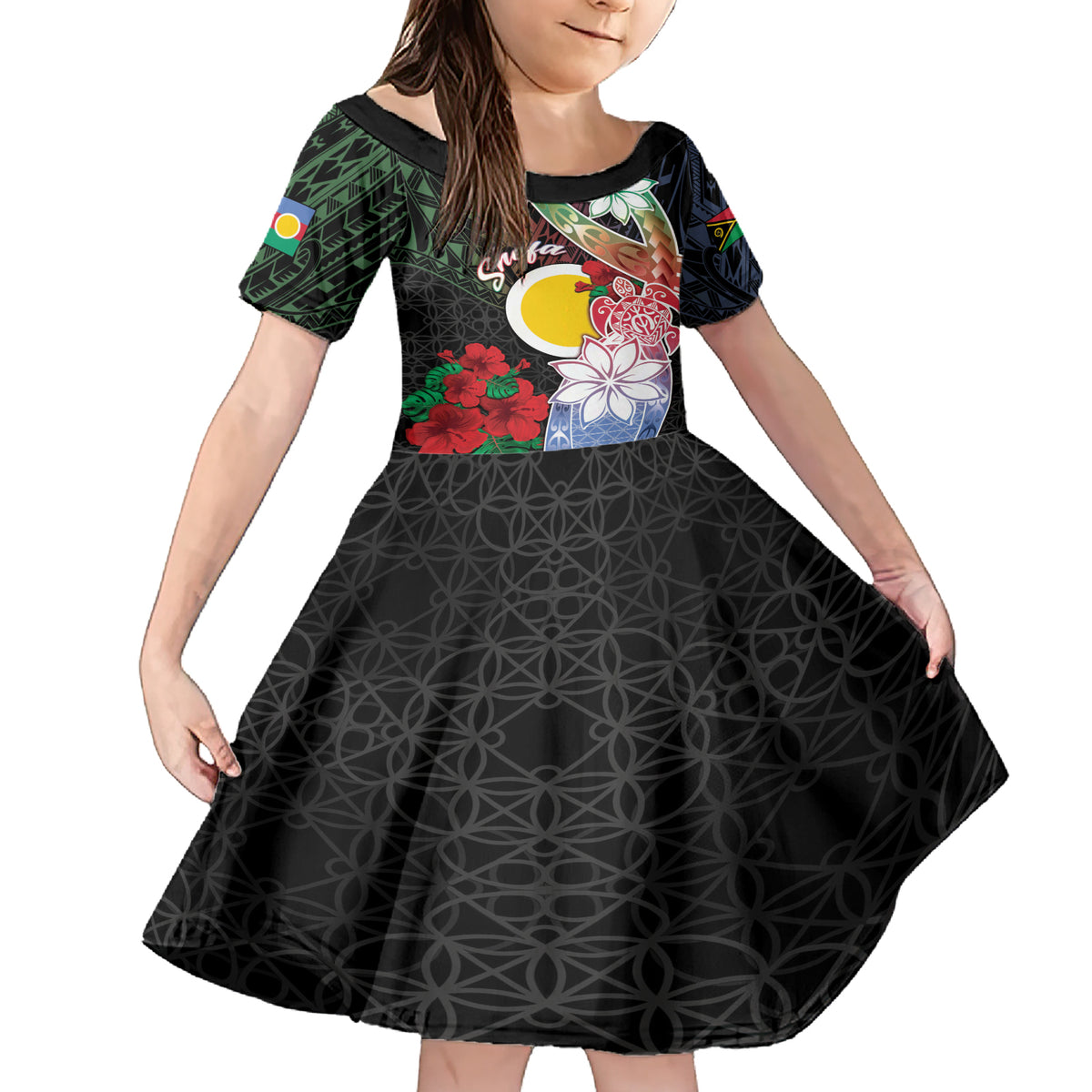 Personalised Vanuatu Shefa Day Family Matching Short Sleeve Bodycon Dress and Hawaiian Shirt Floral Pattern LT05 Daughter's Dress Black - Polynesian Pride