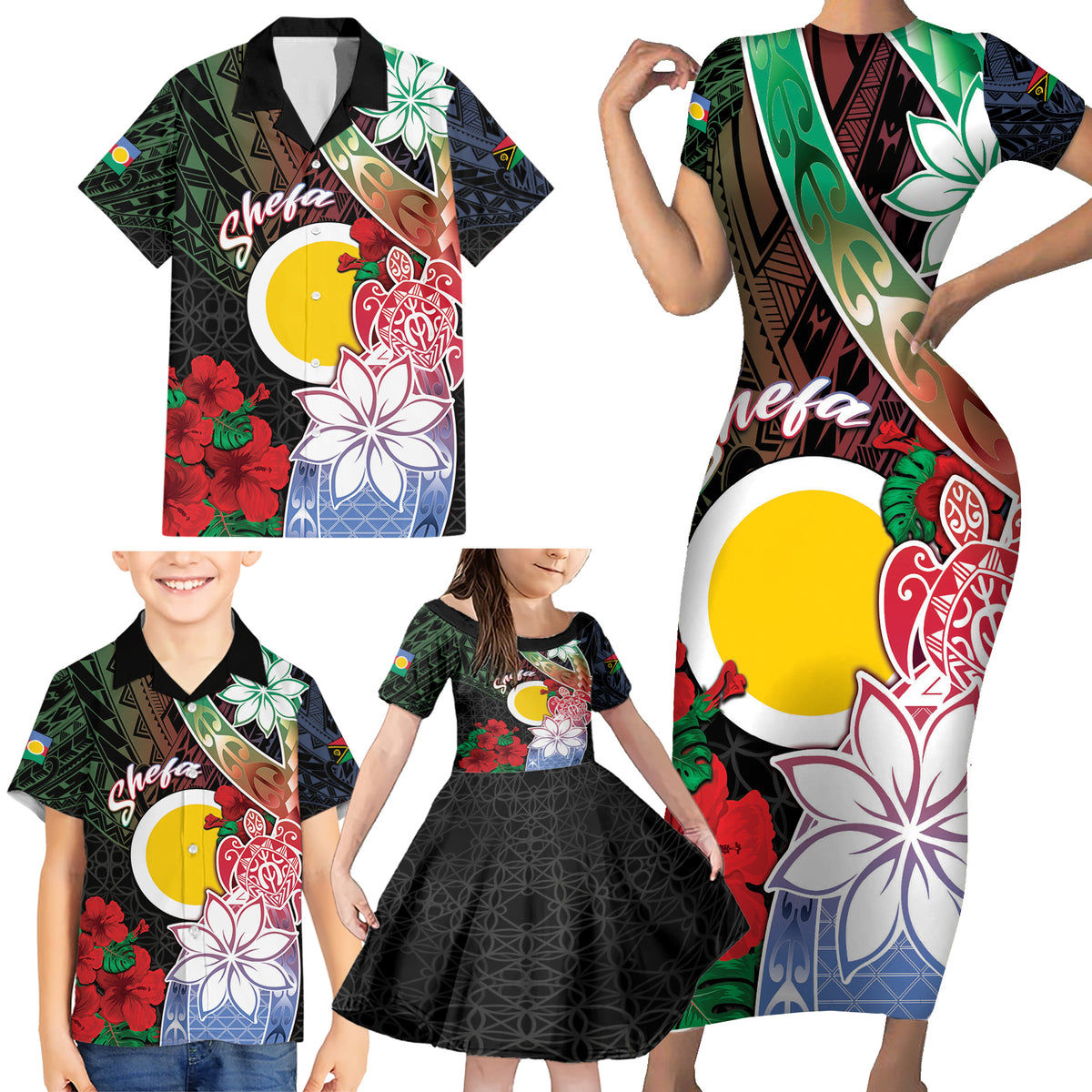 Personalised Vanuatu Shefa Day Family Matching Short Sleeve Bodycon Dress and Hawaiian Shirt Floral Pattern LT05 - Polynesian Pride
