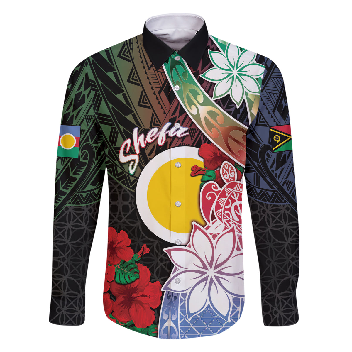 Personalised Vanuatu Shefa Day Family Matching Short Sleeve Bodycon Dress and Hawaiian Shirt Floral Pattern LT05 Dad's Shirt - Long Sleeve Black - Polynesian Pride