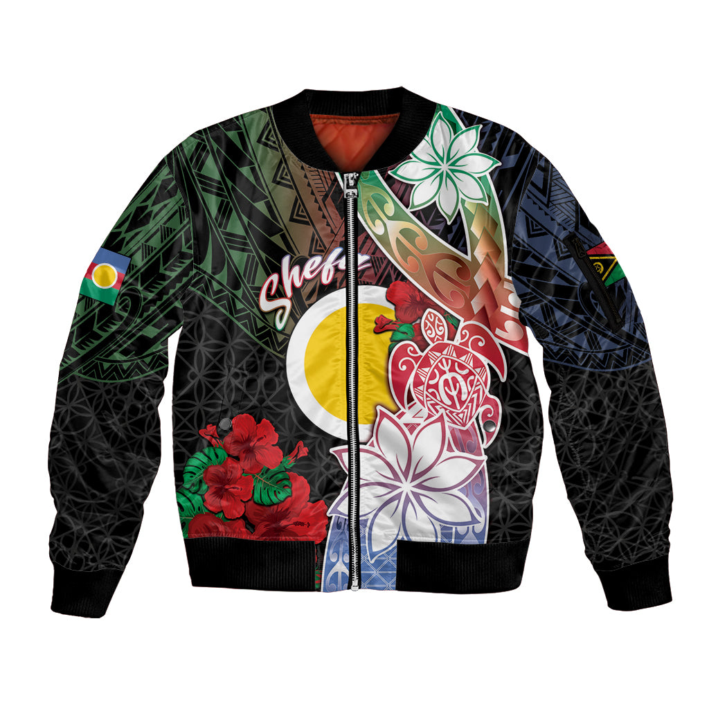 Personalised Vanuatu Shefa Day Sleeve Zip Bomber Jacket Floral Pattern LT05 Unisex Black - Polynesian Pride