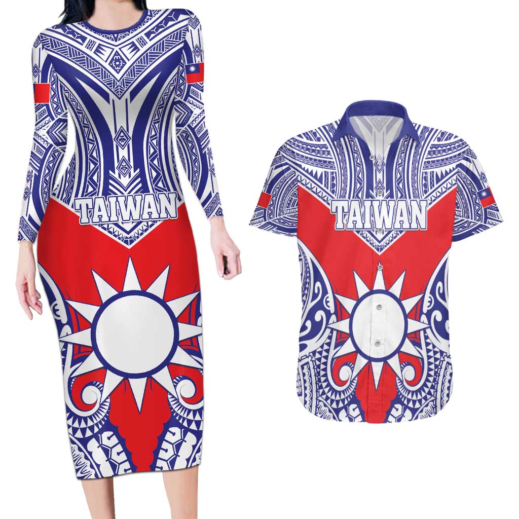 Personalised Taiwan Couples Matching Long Sleeve Bodycon Dress and Hawaiian Shirt Austronesian Tribal Tattoo Red LT05 Red - Polynesian Pride