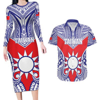 Personalised Taiwan Couples Matching Long Sleeve Bodycon Dress and Hawaiian Shirt Austronesian Tribal Tattoo Red LT05 Red - Polynesian Pride