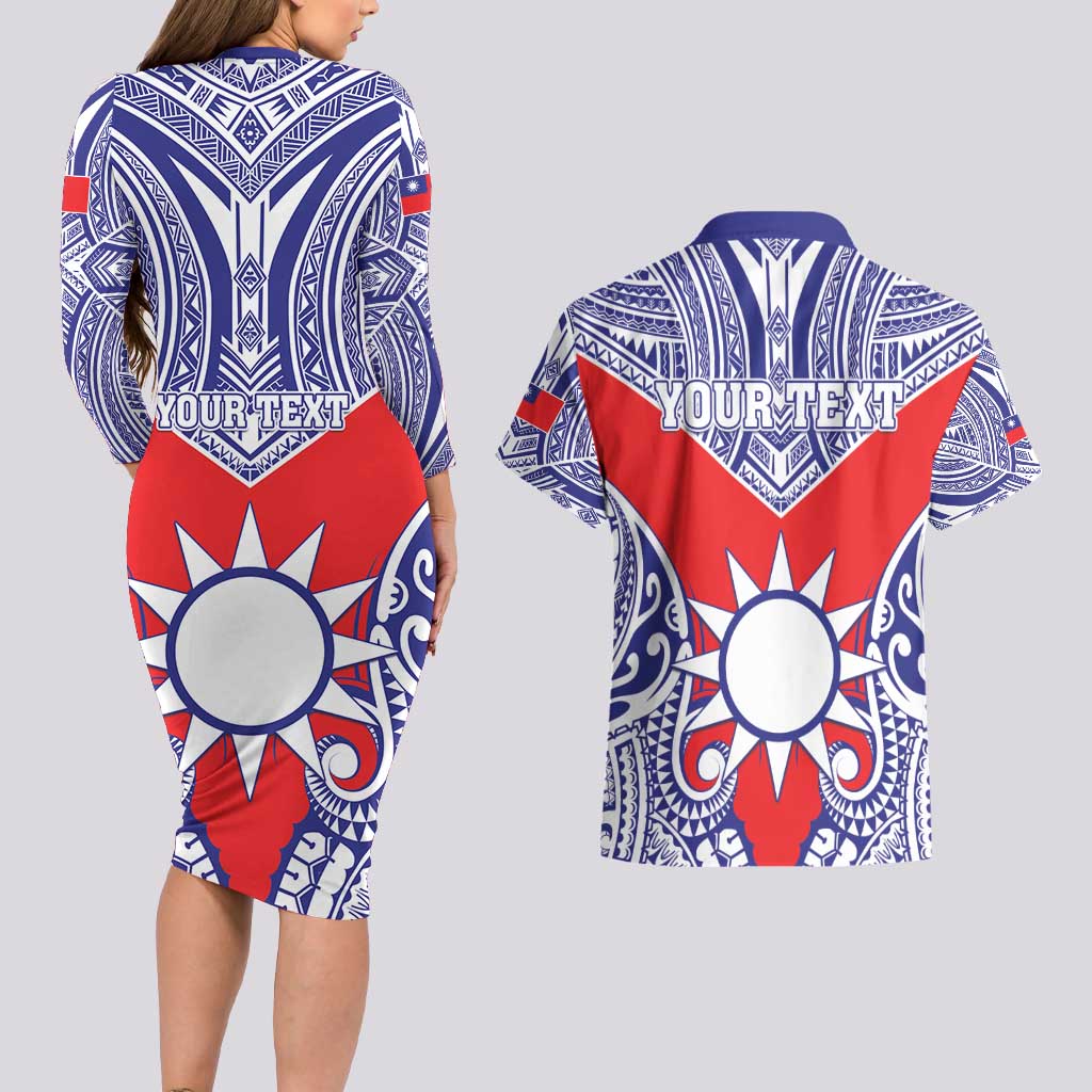 Personalised Taiwan Couples Matching Long Sleeve Bodycon Dress and Hawaiian Shirt Austronesian Tribal Tattoo Red LT05 - Polynesian Pride
