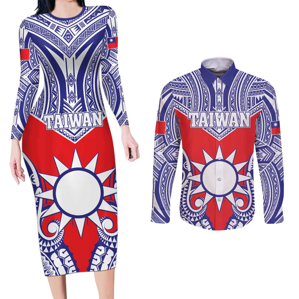 Personalised Taiwan Couples Matching Long Sleeve Bodycon Dress and Long Sleeve Button Shirt Austronesian Tribal Tattoo Red LT05 Red - Polynesian Pride